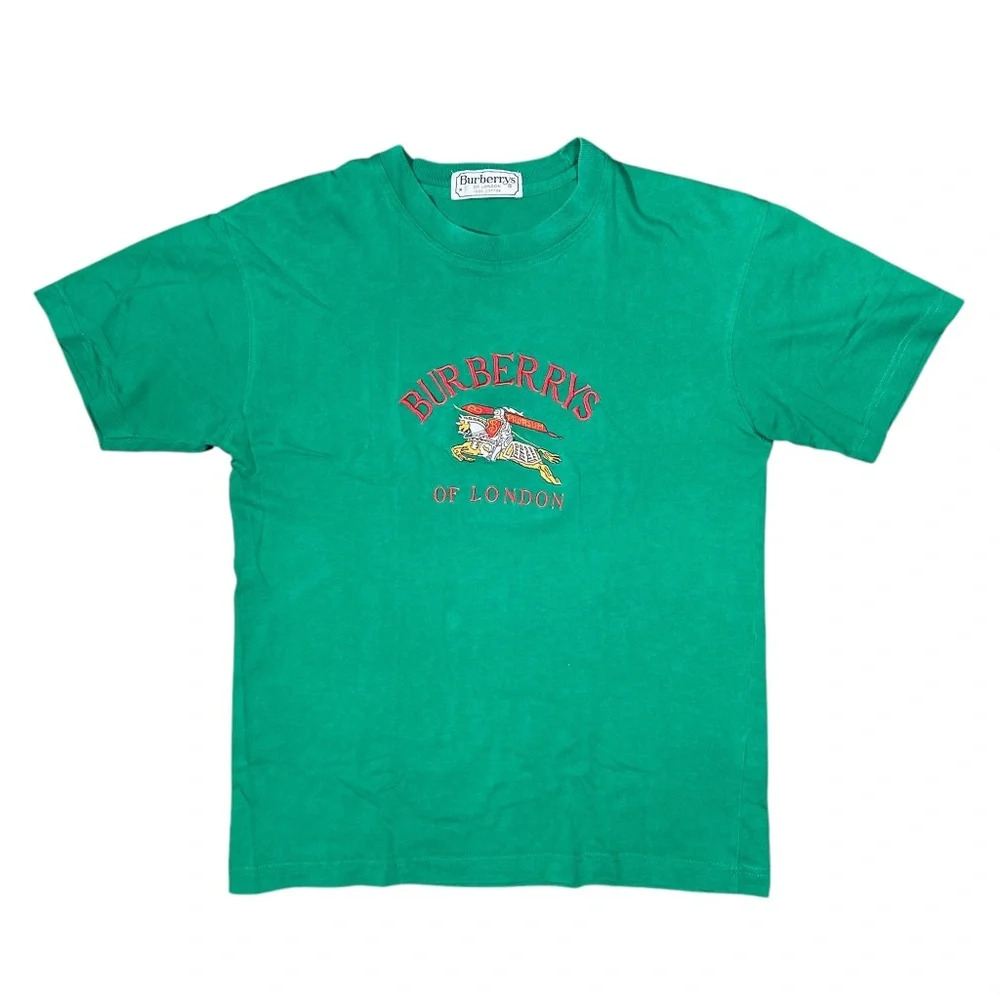 Vintage 80s Burberry London Embroidered Prorsum Logo Green T Shirt Mens M